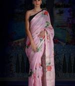 Blush Pink Digital Printed Linen Saree With Zari Border & Pallu