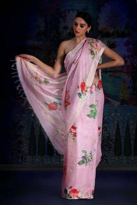 Blush Pink Digital Printed Linen Saree With Zari Border & Pallu 2