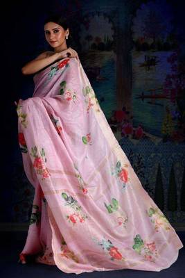 Blush Pink Digital Printed Linen Saree With Zari Border & Pallu 3