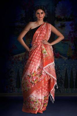 peach DIGITAL PRINTED LINEN SAREE WITH ZARI BORDER & PALLU 1