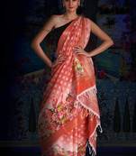 peach DIGITAL PRINTED LINEN SAREE WITH ZARI BORDER & PALLU