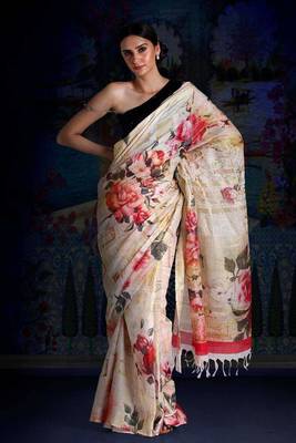 Powder Yellow Digital Printed Linen Saree With Zari Border & Pallu 1