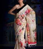 Powder Yellow Digital Printed Linen Saree With Zari Border & Pallu