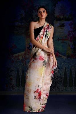 Powder Yellow Digital Printed Linen Saree With Zari Border & Pallu 2