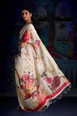 Powder Yellow Digital Printed Linen Saree With Zari Border & Pallu 3