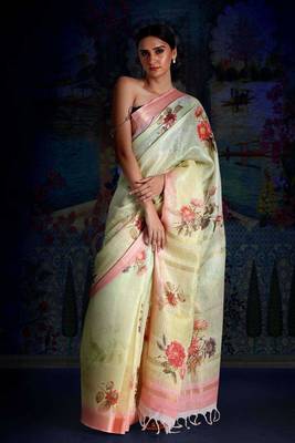 Lime Green Digital Printed Linen Saree With Zari Border & Pallu 1