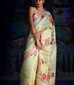 Lime Green Digital Printed Linen Saree With Zari Border & Pallu