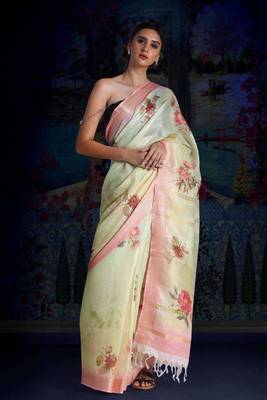 Lime Green Digital Printed Linen Saree With Zari Border & Pallu 2
