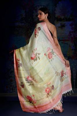 Lime Green Digital Printed Linen Saree With Zari Border & Pallu 3