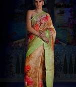 Light Green Digital Printed Linen Saree With Zari Border & Pallu