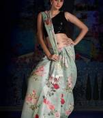 Greenish Grey Digital Printed Linen Saree With Zari Border & Pallu