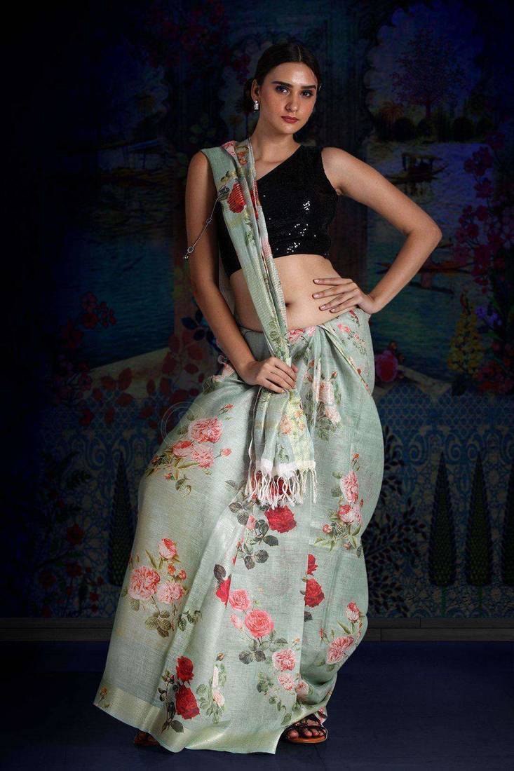 Greenish Grey Digital Printed Linen Saree With Zari Border & Pallu