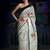 Greenish Grey Digital Printed Linen Saree With Zari Border & Pallu