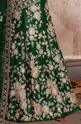  Green Dori And Sequins Embroidered Semi Velvet Semi Stitched Lehenga Choli For Bridal 5