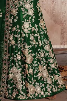  Green Dori And Sequins Embroidered Semi Velvet Semi Stitched Lehenga Choli For Bridal