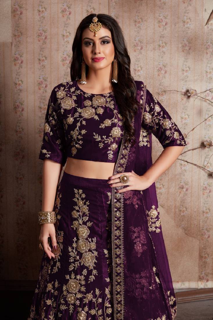 Wine Dori And Sequins Embroidered Velvet silk blend Semi Stitched Bridal Lehenga For Wedding
