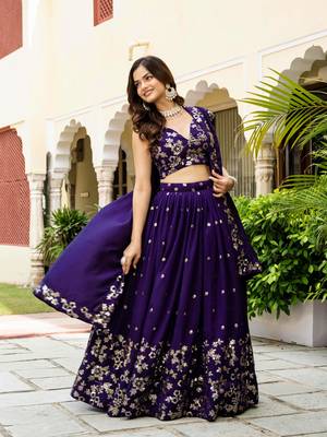 Gorgeous Purple Blue Dori & Sequins embroidered Vichitra Silk Indian latest designer wedding wear Lehenga choli 5