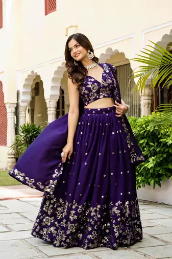 Gorgeous Purple Blue Dori & Sequins embroidered Vichitra Silk Indian latest designer wedding wear Lehenga choli