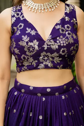 Gorgeous Purple Blue Dori & Sequins embroidered Vichitra Silk Indian latest designer wedding wear Lehenga choli