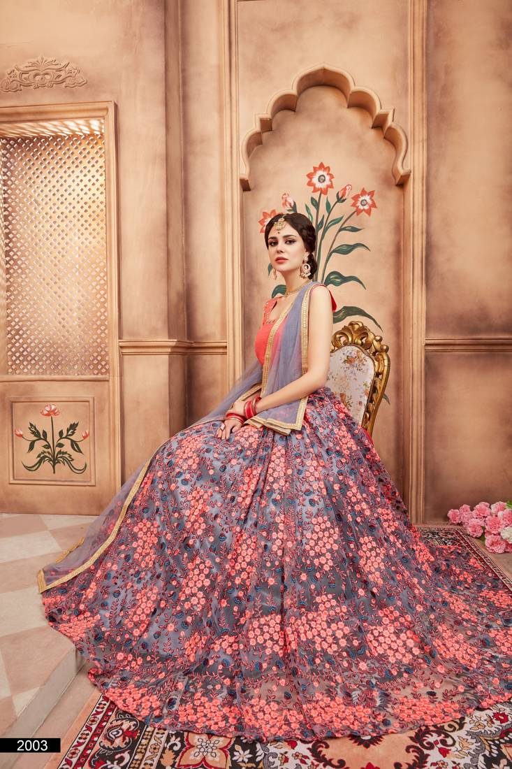 Grey Zari And Thread Embroidered Net Designer Lehenga Choli For Women
