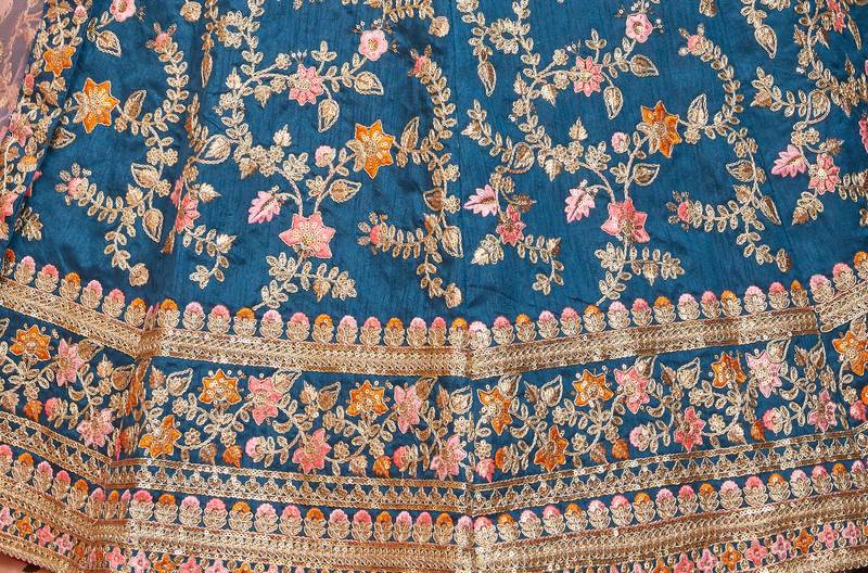 Blue Dori, Thread and Sequins Embroidered Art Silk Semi Stitched Lehenga choli for bride