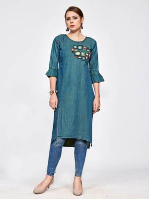 Green embroidered denim kurtas and kurtis 1