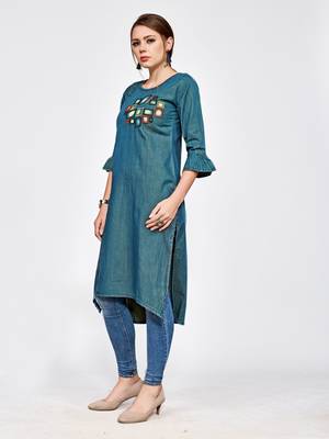 Green embroidered denim kurtas and kurtis 3