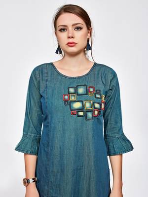 Green embroidered denim kurtas and kurtis 4