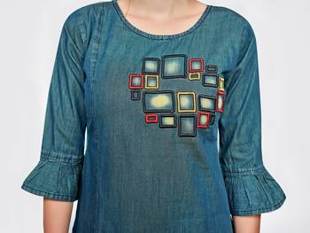 Green embroidered denim kurtas and kurtis 5