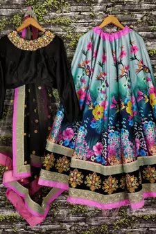 classy multicolor floral print embroidered silk lehenga set choli with dupatta