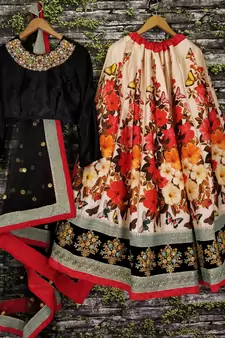  multicolor floral print embroidered silk lehenga set choli with dupatta