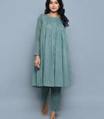 Teal-blue plain cotton long kurti with palazzo