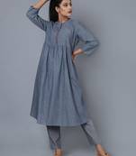 Blue plain cotton long kurti with palazzo