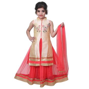Pink Plain Art Silk Stitched Kids Lehenga Choli 1
