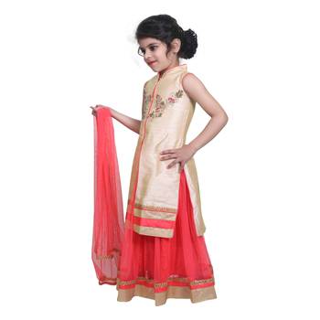 Pink Plain Art Silk Stitched Kids Lehenga Choli 4