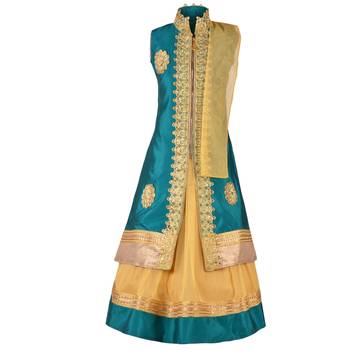 Golden Plain Art Silk Stitched Kids Lehenga Choli 1