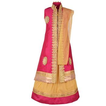 Golden Plain Art Silk Stitched Kids Lehenga Choli 1