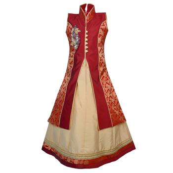 Fawn Plain Art Silk Stitched Kids Lehenga Choli 1
