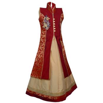 Fawn Plain Art Silk Stitched Kids Lehenga Choli 2