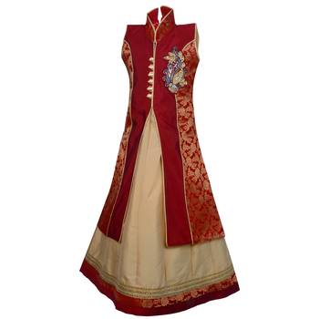 Fawn Plain Art Silk Stitched Kids Lehenga Choli 3