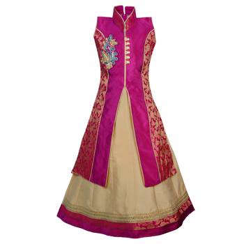 Fawn Plain Art Silk Stitched Kids Lehenga Choli 1