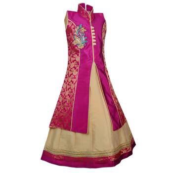 Fawn Plain Art Silk Stitched Kids Lehenga Choli 2
