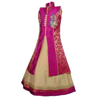 Fawn Plain Art Silk Stitched Kids Lehenga Choli 3