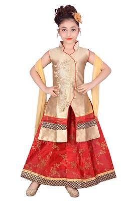 Red Printed Dupion Silk Stitched Kids Lehenga Choli 1