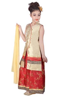 Red Printed Dupion Silk Stitched Kids Lehenga Choli 2