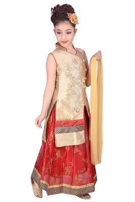 Red Printed Dupion Silk Stitched Kids Lehenga Choli 3