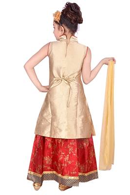 Red Printed Dupion Silk Stitched Kids Lehenga Choli 4