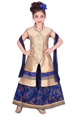 Blue Printed Dupion Silk Stitched Kids Lehenga Choli 1