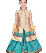 Green Printed Dupion Silk Stitched Kids Lehenga Choli