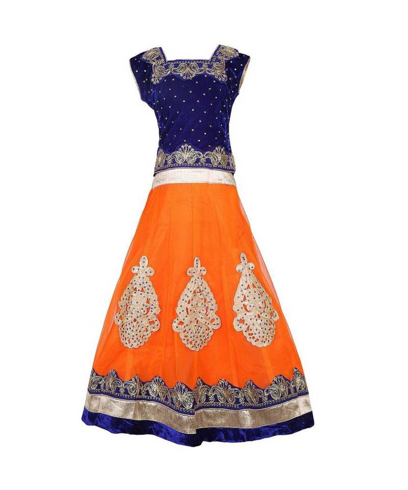 Orange Embroidered Net Stitched Kids Lehenga Choli